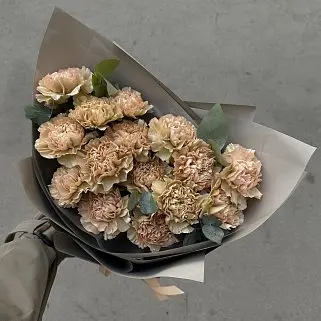 Букет из 15 персиковых гвоздик с эвкалиптом