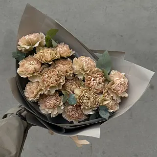 Букет из 15 персиковых гвоздик с эвкалиптом