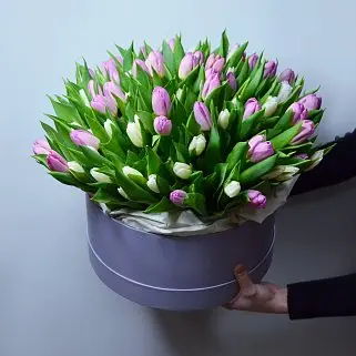 Букет из 101 тюльпана в шляпной коробке