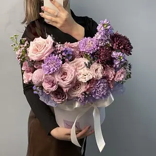 Букет в шляпной коробке Сиреневый туман