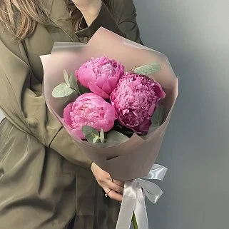 Букет из 3 ярко-розовых пионов и эвкалипта