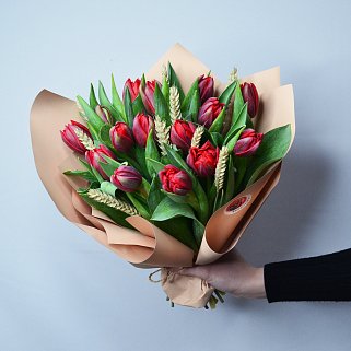 Букет из 15 красных пионовидных тюльпанов с колосками