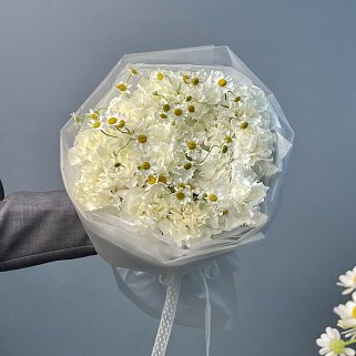 Белый дуо-букет гвоздик и матрикарий S