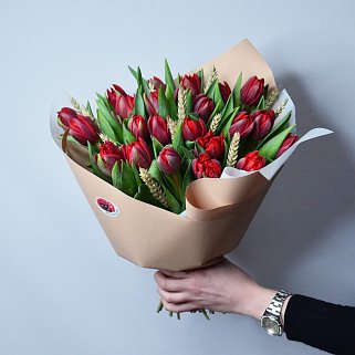 Букет из 25 красных пионовидных тюльпанов с колосками